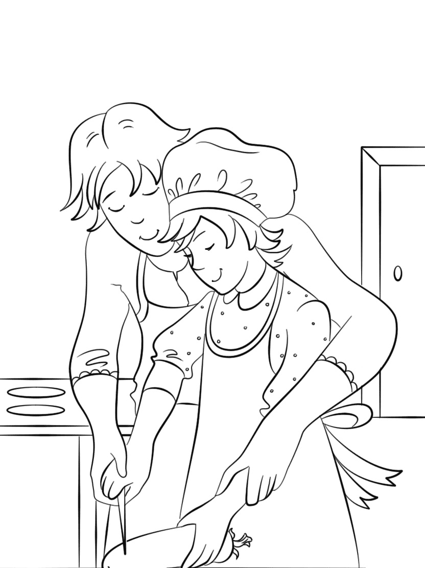 Online coloring book: Coloring book mother teaches her daughter to cook